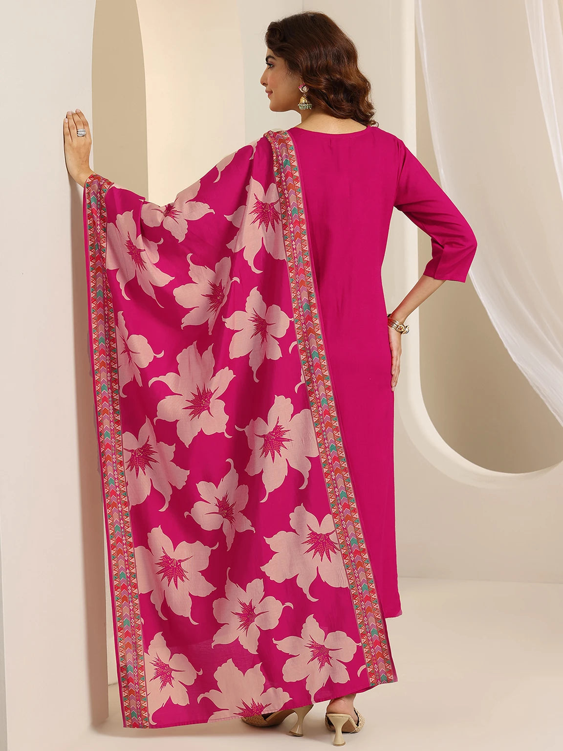 Libas Women’s Pink Festive Kurta Pant Dupatta Set with Floral Printed Dupatta