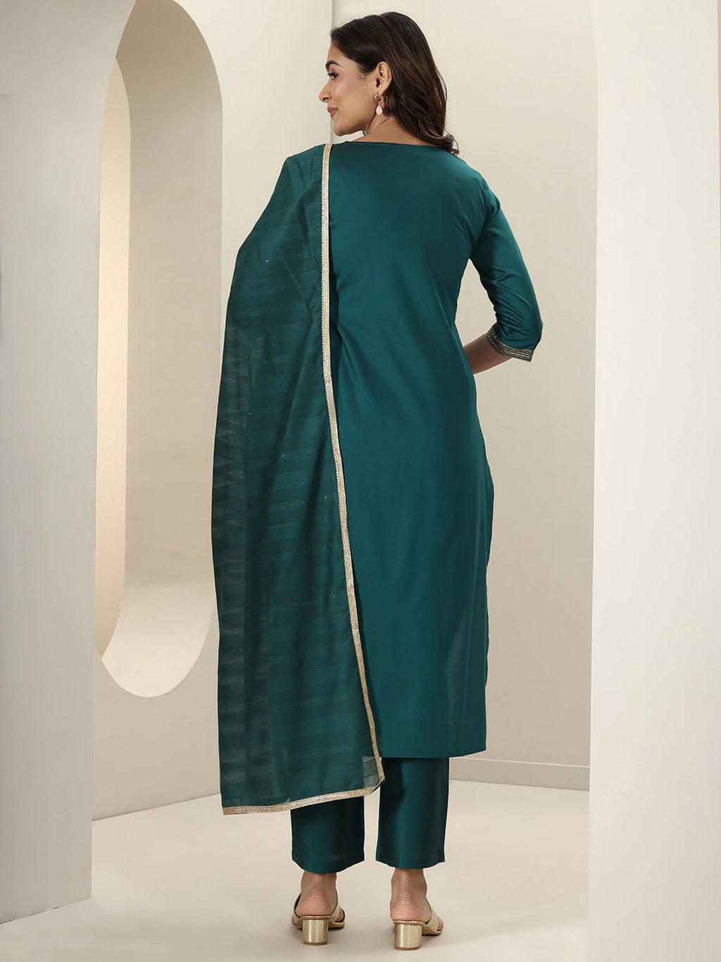 Libas Women’s Teal Blue Festive Kurta Pant Dupatta Set with Floral Printed Dupatta