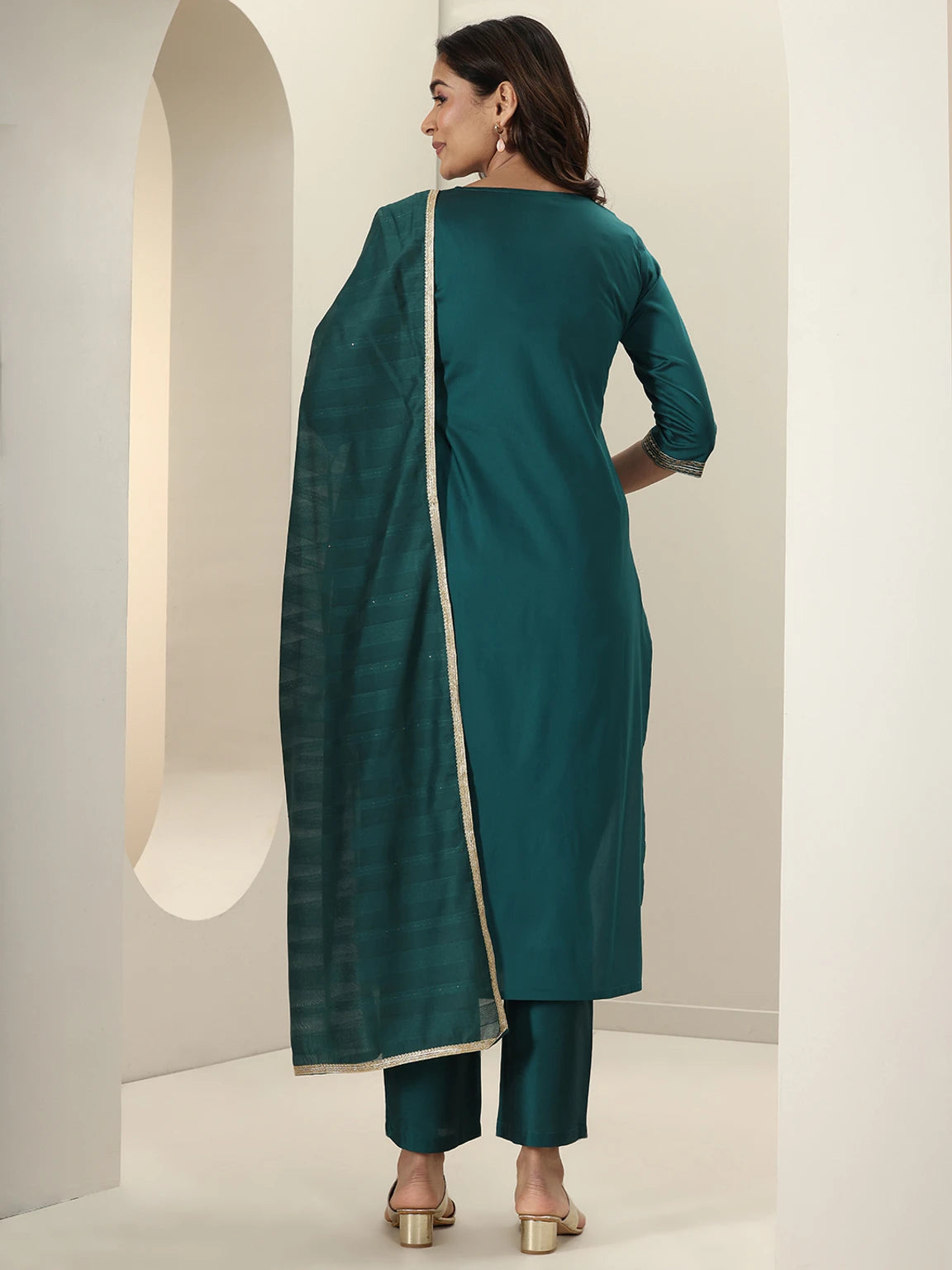 Libas Women’s Teal Blue Festive Kurta Pant Dupatta Set with Floral Printed Dupatta