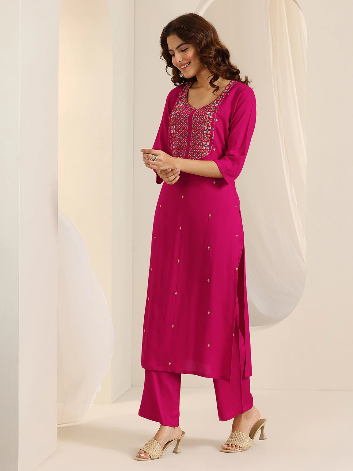 Libas Women’s Pink Festive Kurta Pant Dupatta Set with Floral Printed Dupatta