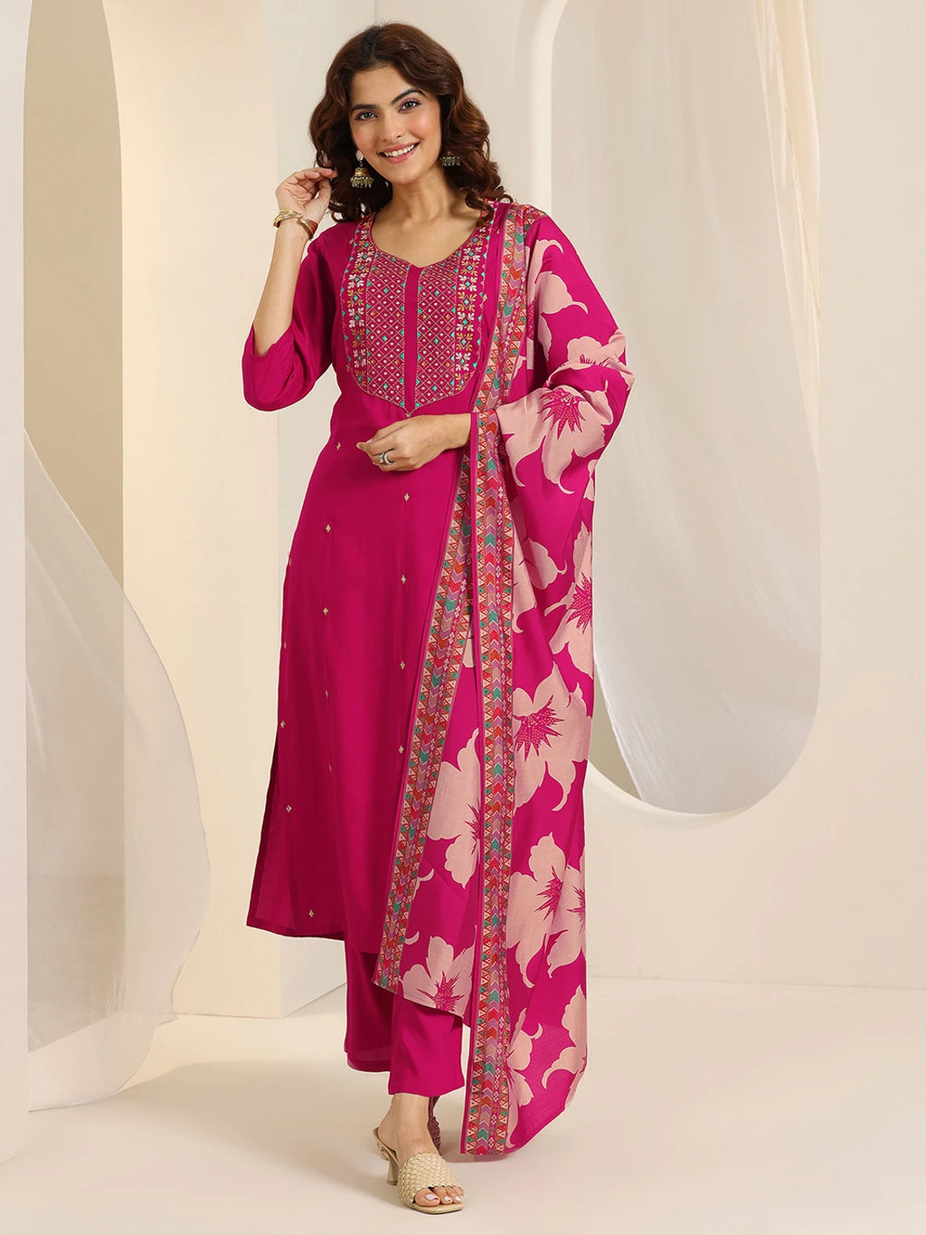 Libas Women’s Pink Festive Kurta Pant Dupatta Set with Floral Printed Dupatta