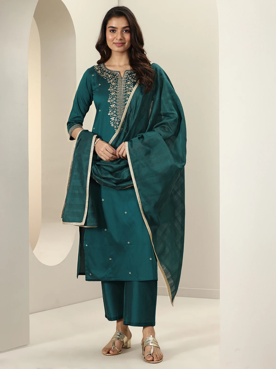 Libas Women’s Teal Blue Festive Kurta Pant Dupatta Set with Floral Printed Dupatta
