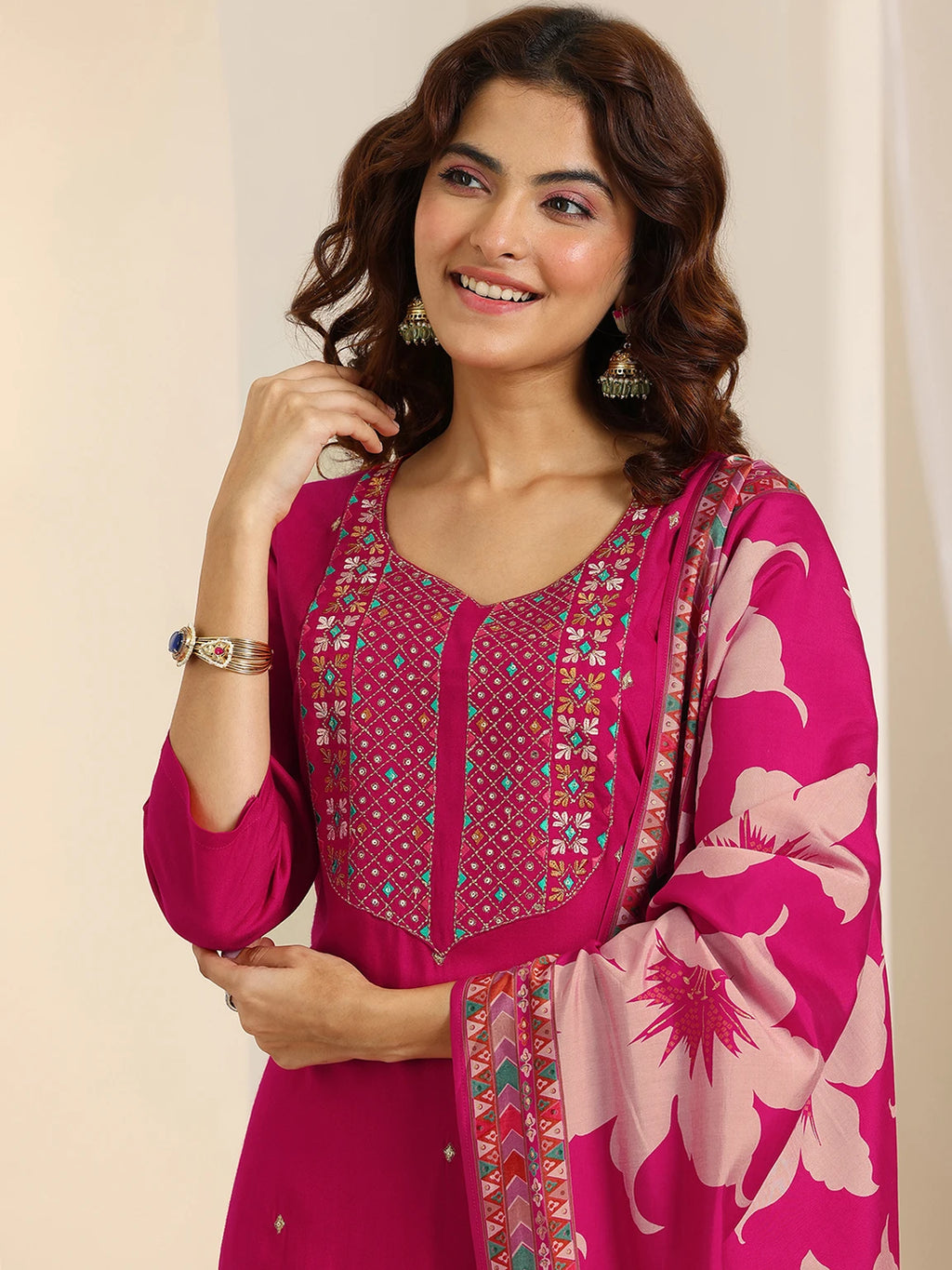 Libas Women’s Pink Festive Kurta Pant Dupatta Set with Floral Printed Dupatta