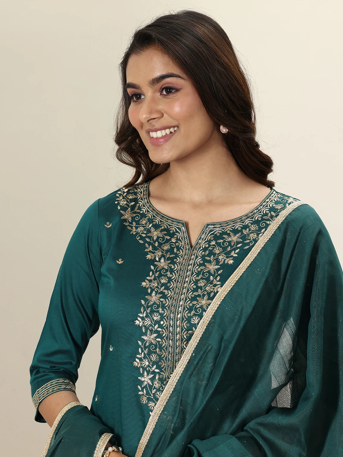 Libas Women’s Teal Blue Festive Kurta Pant Dupatta Set with Floral Printed Dupatta