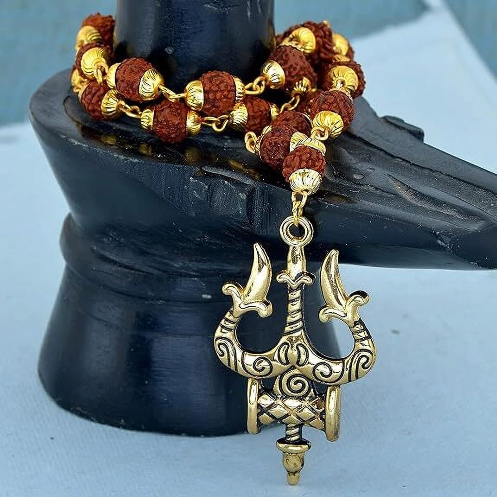 Lord Shiva Mahakal Pendant Set – Trishul, Damru & Natural Rudraksha Locket with Stainless Steel Chain