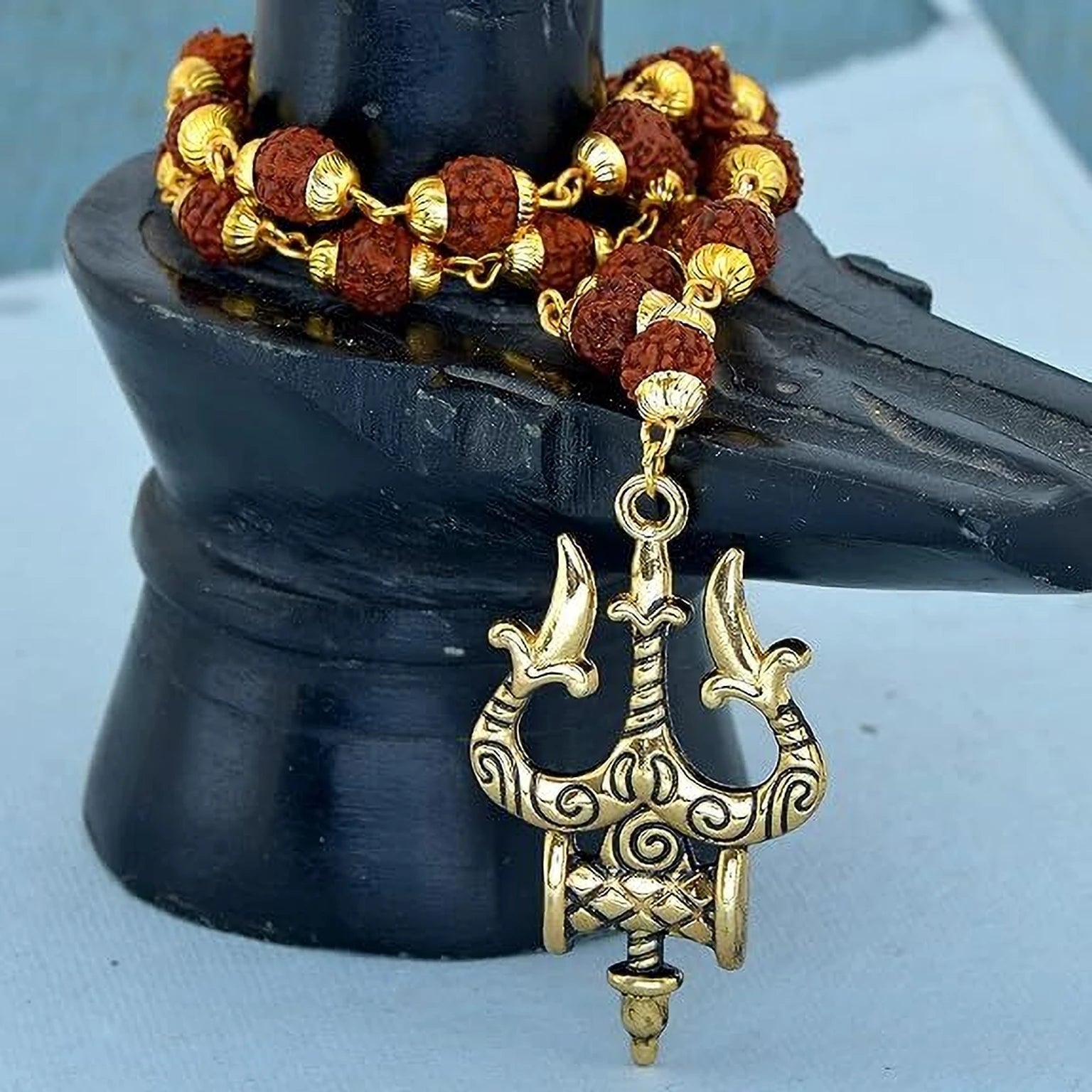 Lord Shiva Mahakal Pendant Set – Trishul, Damru & Natural Rudraksha Locket with Stainless Steel Chain