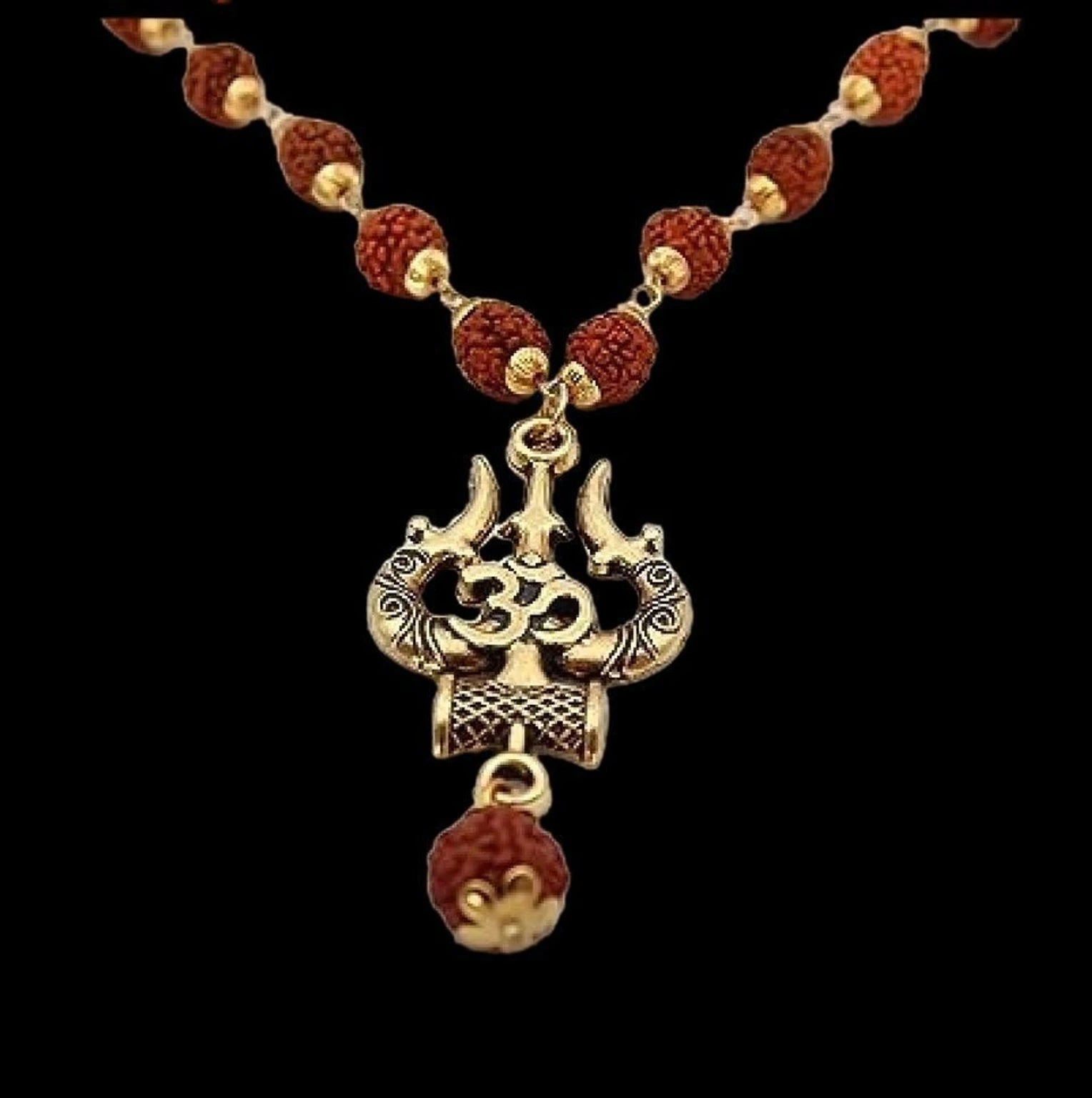 Lord Shiva Mahakal Pendant Set – Trishul, Damru & Natural Rudraksha Locket with Stainless Steel Chain