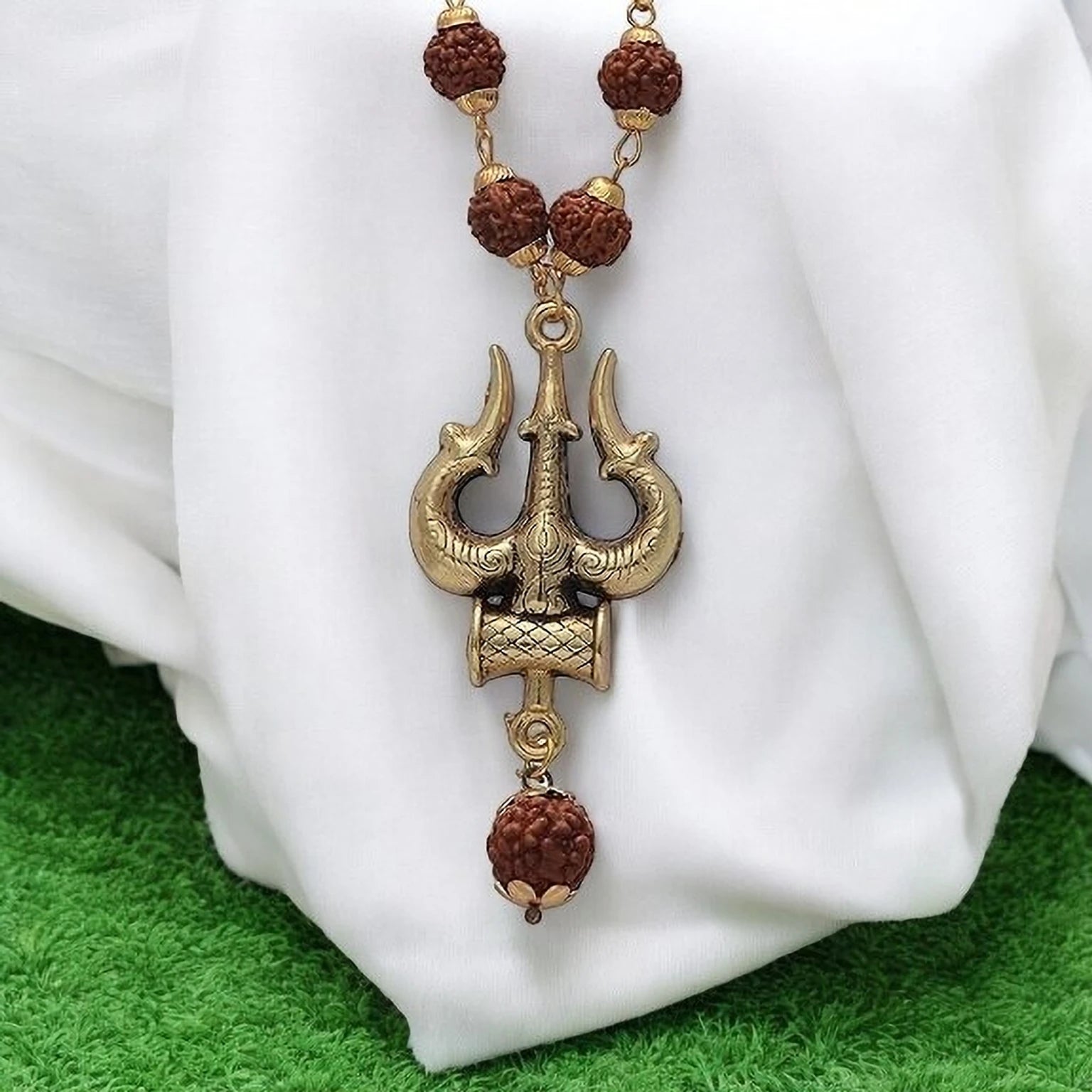 Lord Shiva Mahakal Pendant Set – Trishul, Damru & Natural Rudraksha Locket with Stainless Steel Chain
