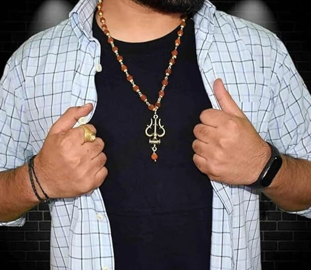 Lord Shiva Mahakal Pendant Set – Trishul, Damru & Natural Rudraksha Locket with Stainless Steel Chain