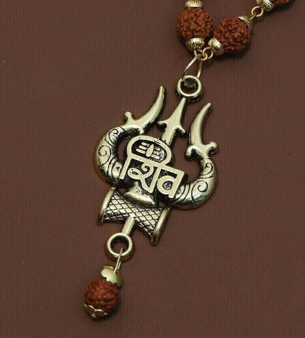 Lord Shiva Mahakal Pendant Set – Trishul, Damru & Natural Rudraksha Locket with Stainless Steel Chain
