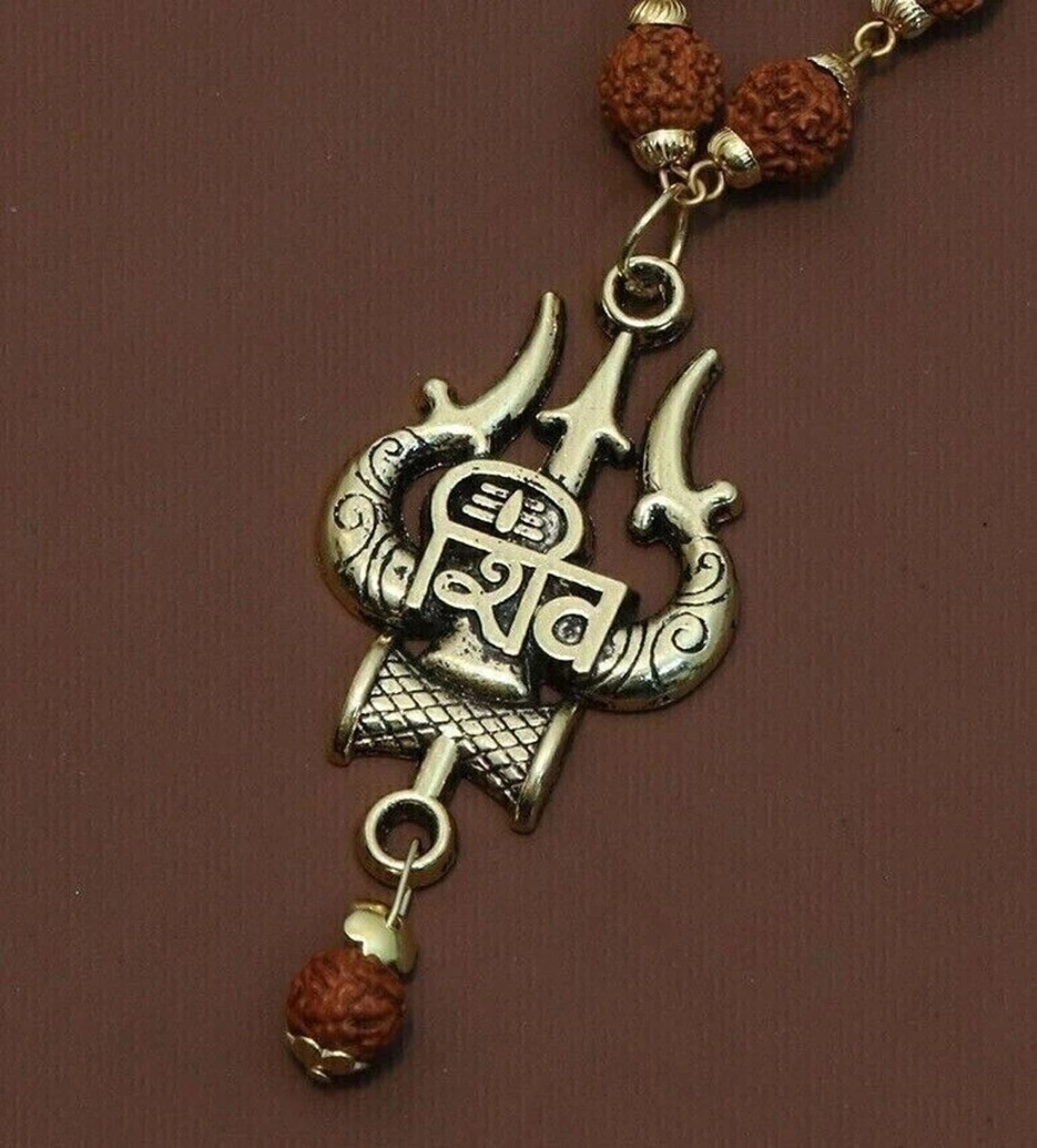 Lord Shiva Mahakal Pendant Set – Trishul, Damru & Natural Rudraksha Locket with Stainless Steel Chain