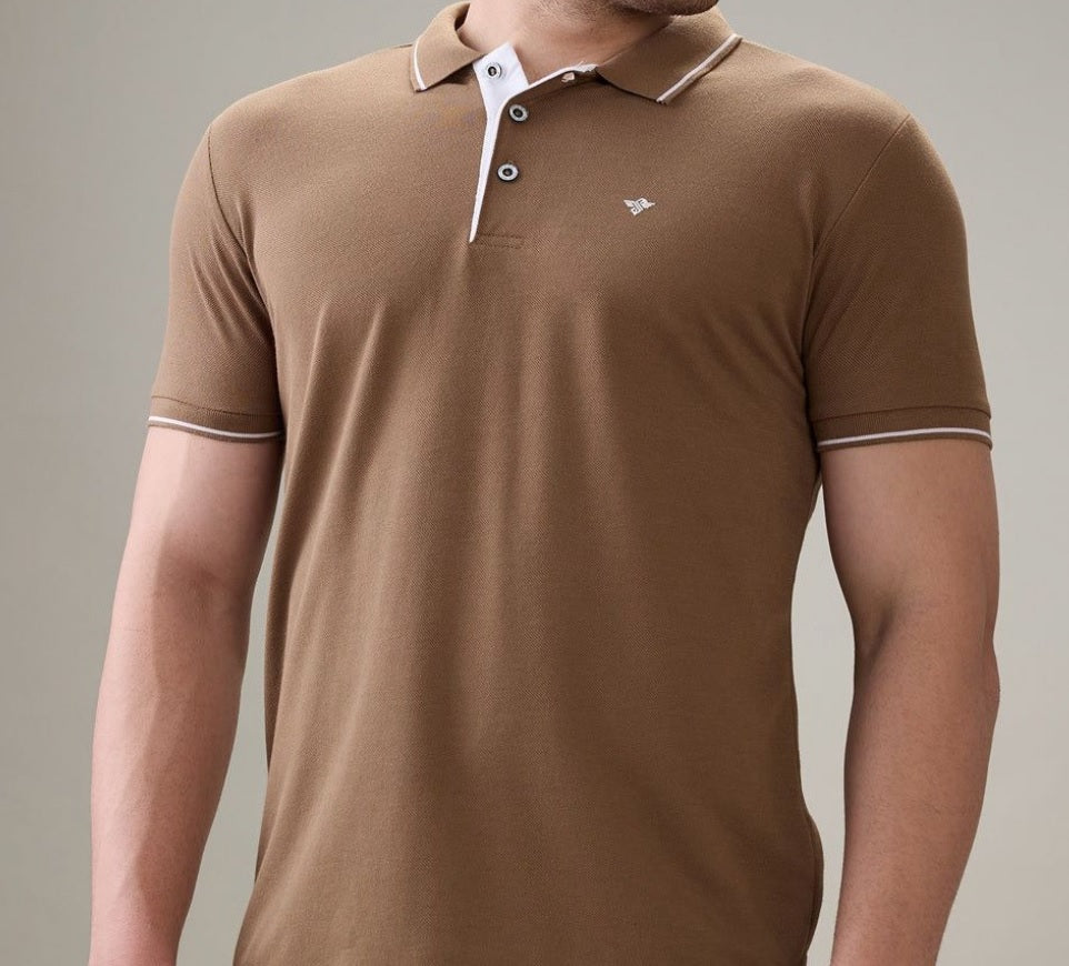 Men's Premium Tipped Brown Polo T-Shirt – Smart Casual Knitted Collared Tee