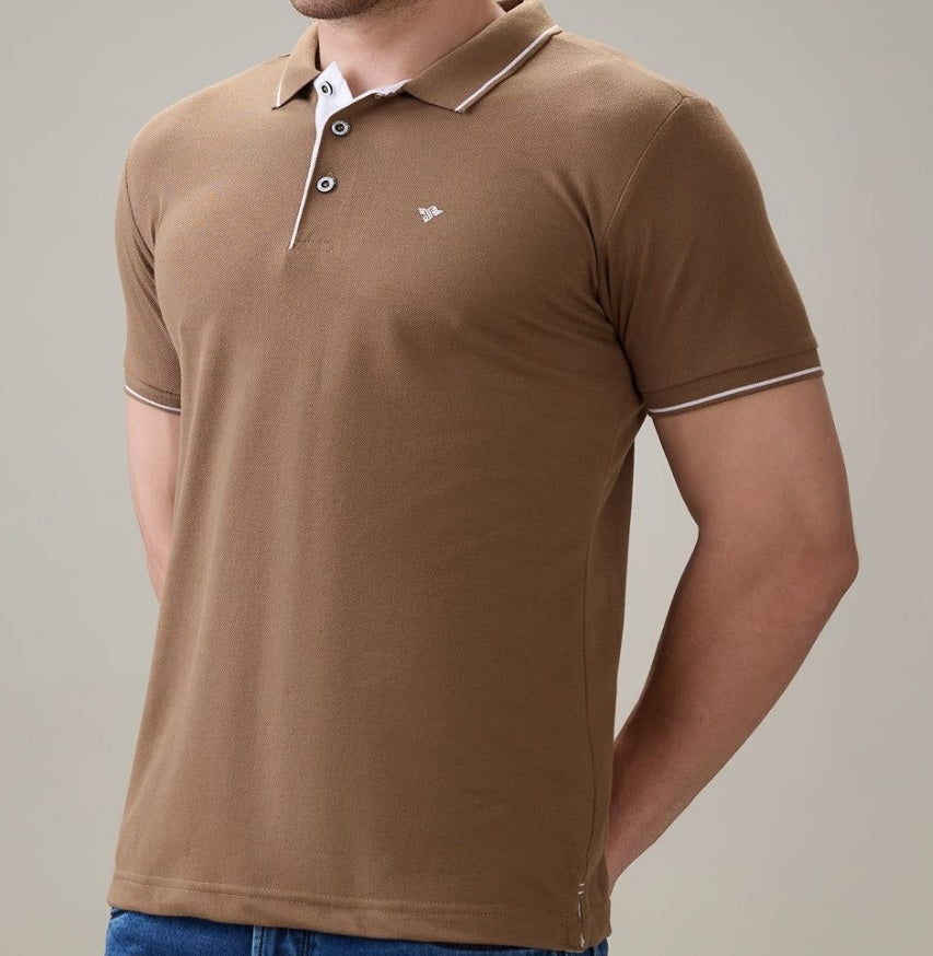 Men's Premium Tipped Brown Polo T-Shirt – Smart Casual Knitted Collared Tee