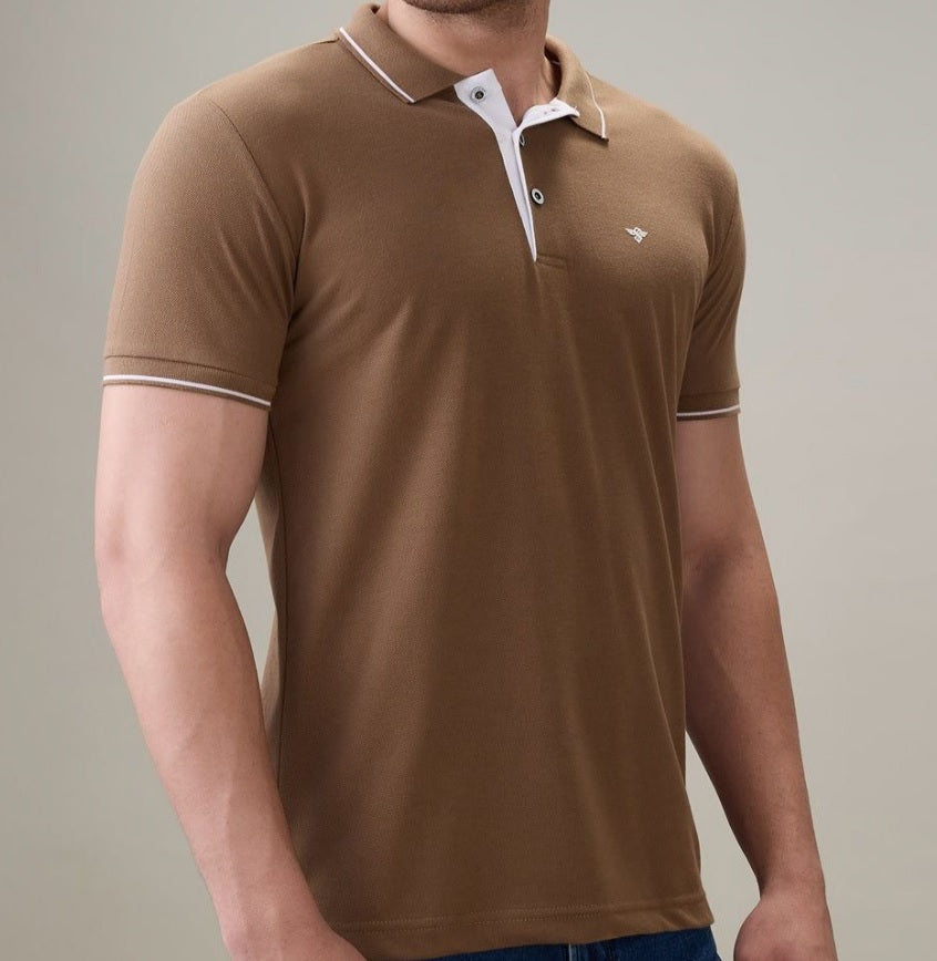 Men's Premium Tipped Brown Polo T-Shirt – Smart Casual Knitted Collared Tee
