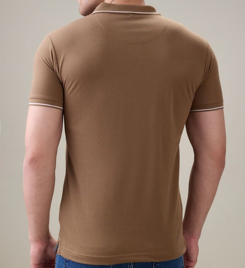 Men's Premium Tipped Brown Polo T-Shirt – Smart Casual Knitted Collared Tee