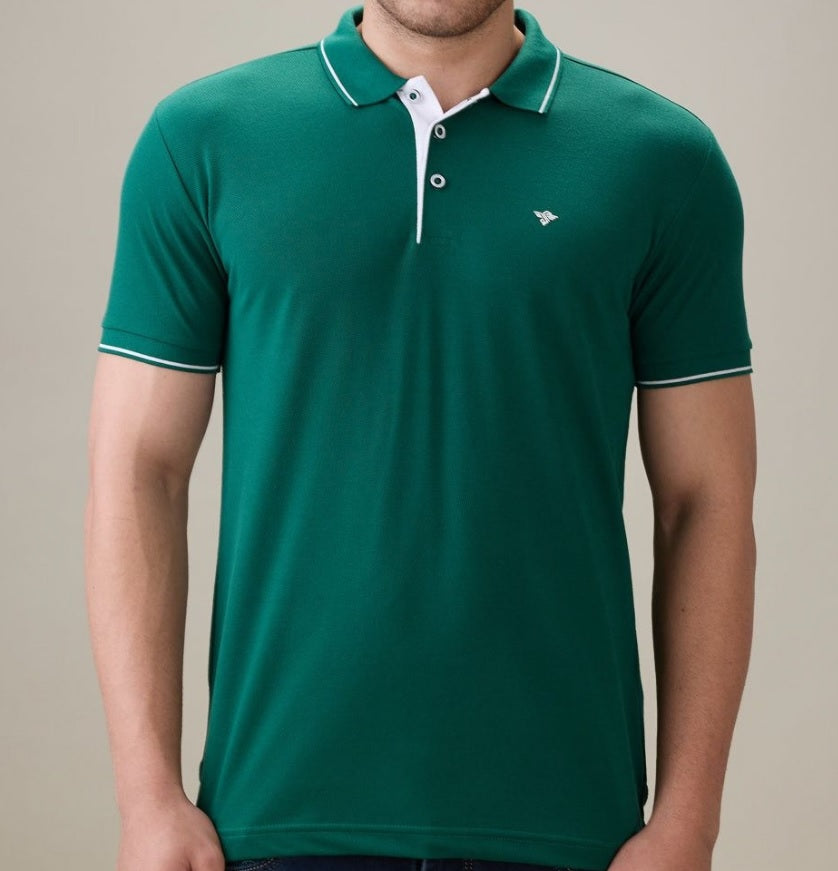 Men's Premium Tipped Green Polo T-Shirt – Smart Casual Knitted Collared Tee