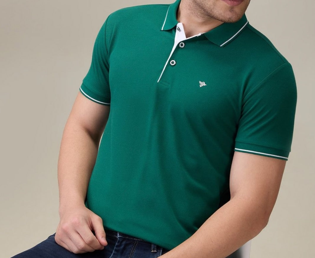 Men's Premium Tipped Green Polo T-Shirt – Smart Casual Knitted Collared Tee