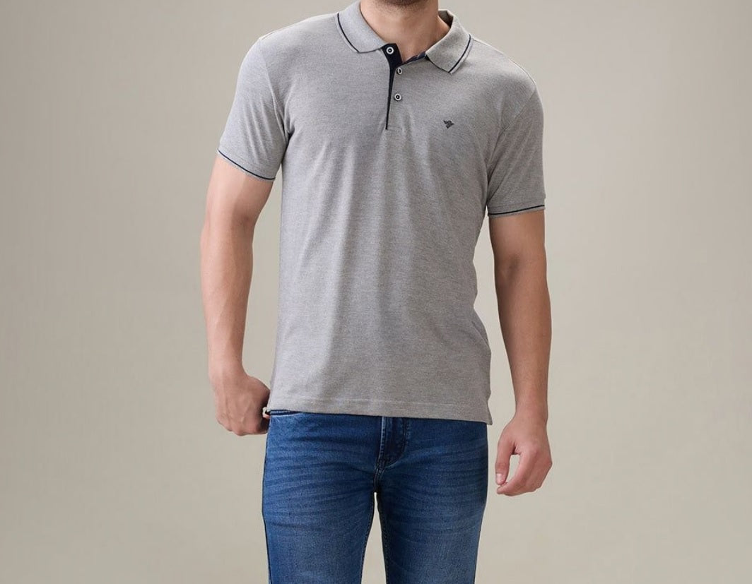 Men's Premium Tipped Grey Polo T-Shirt – Smart Casual Knitted Collared Tee