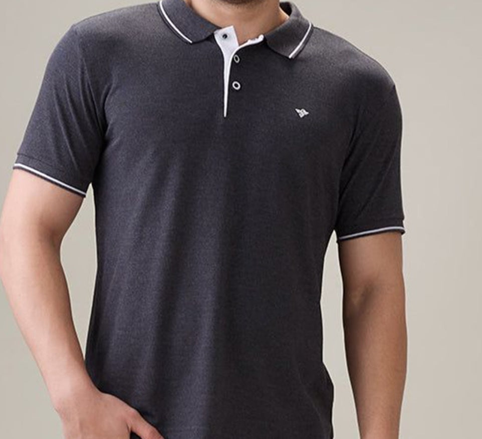 Men's Premium Tipped Heather Grey Polo T-Shirt – Smart Casual Knitted Collared Tee
