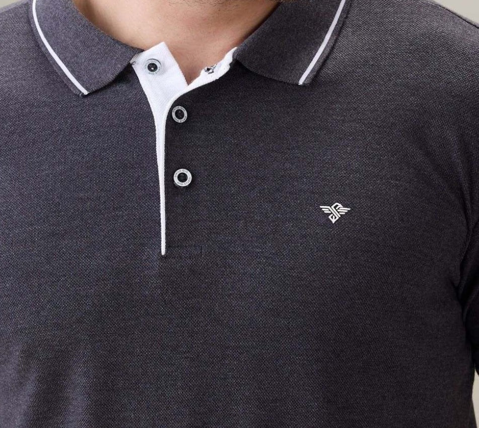 Men's Premium Tipped Heather Grey Polo T-Shirt – Smart Casual Knitted Collared Tee