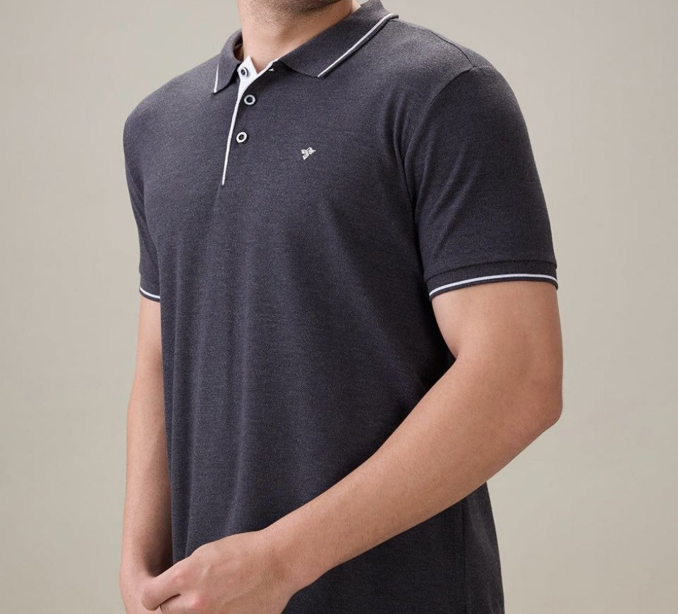 Men's Premium Tipped Heather Grey Polo T-Shirt – Smart Casual Knitted Collared Tee