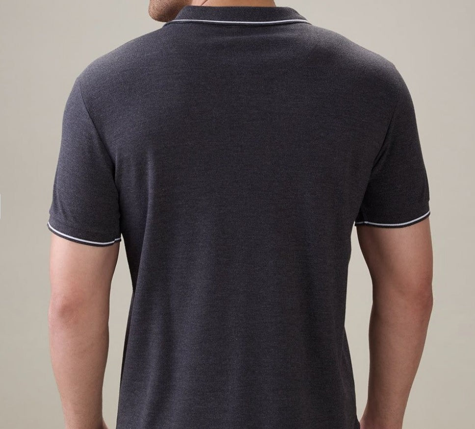 Men's Premium Tipped Heather Grey Polo T-Shirt – Smart Casual Knitted Collared Tee