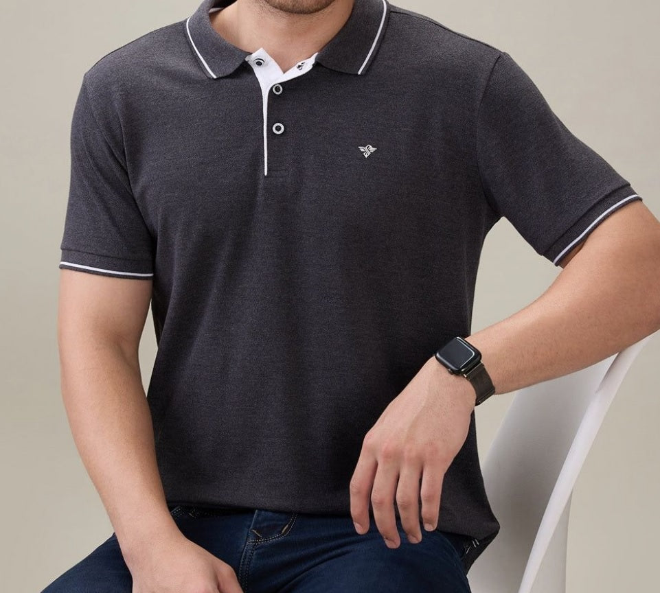 Men's Premium Tipped Heather Grey Polo T-Shirt – Smart Casual Knitted Collared Tee