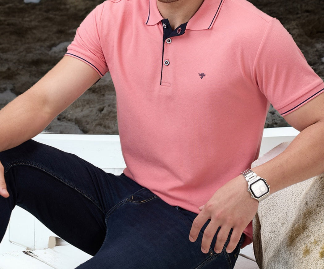 Men's Premium Tipped Light Pink Polo T-Shirt – Smart Casual Knitted Collared Tee