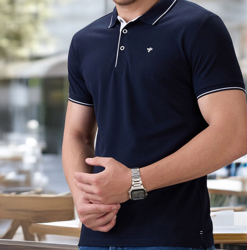 Men's Premium Tipped Navy Blue Polo T-Shirt – Smart Casual Knitted Collared Tee