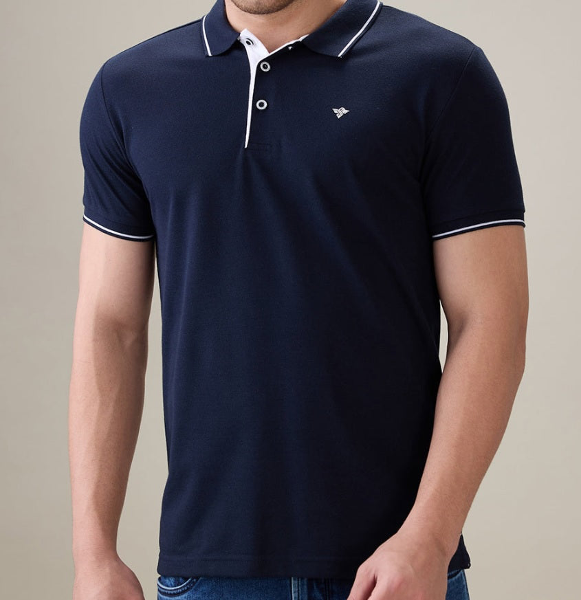 Men's Premium Tipped Navy Blue Polo T-Shirt – Smart Casual Knitted Collared Tee