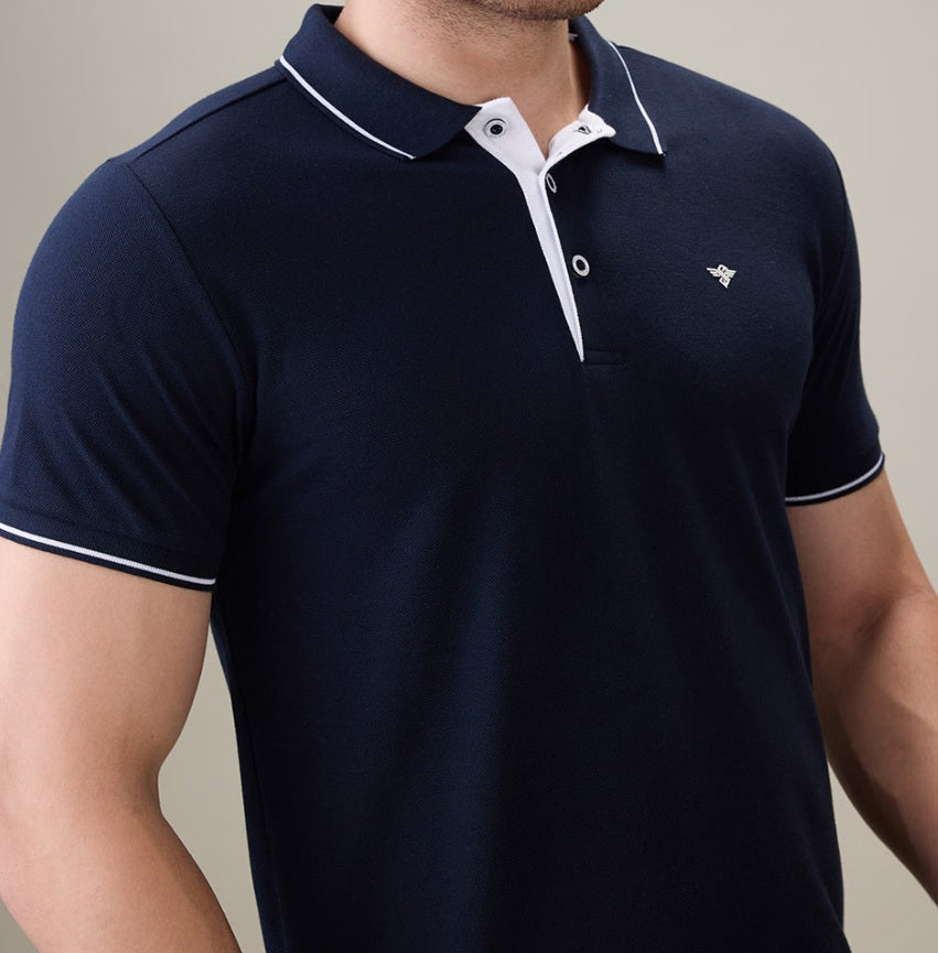 Men's Premium Tipped Navy Blue Polo T-Shirt – Smart Casual Knitted Collared Tee