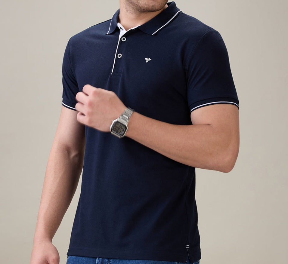 Men's Premium Tipped Navy Blue Polo T-Shirt – Smart Casual Knitted Collared Tee