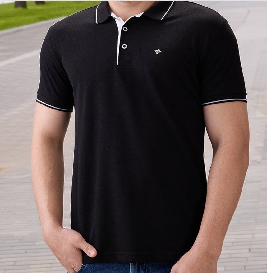 Men's Premium Tipped Black Polo T-Shirt – Smart Casual Knitted Collared Tee