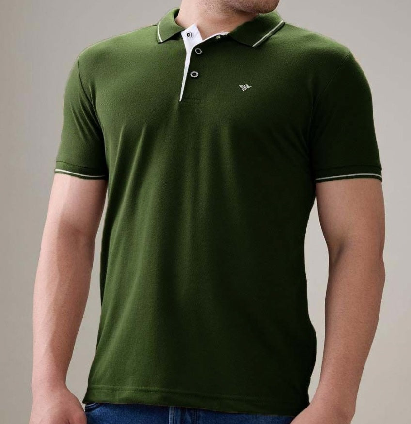 Men's Premium Tipped Olive Green Polo T-Shirt – Smart Casual Knitted Collared Tee