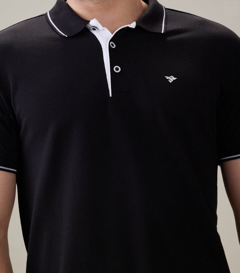 Men's Premium Tipped Black Polo T-Shirt – Smart Casual Knitted Collared Tee