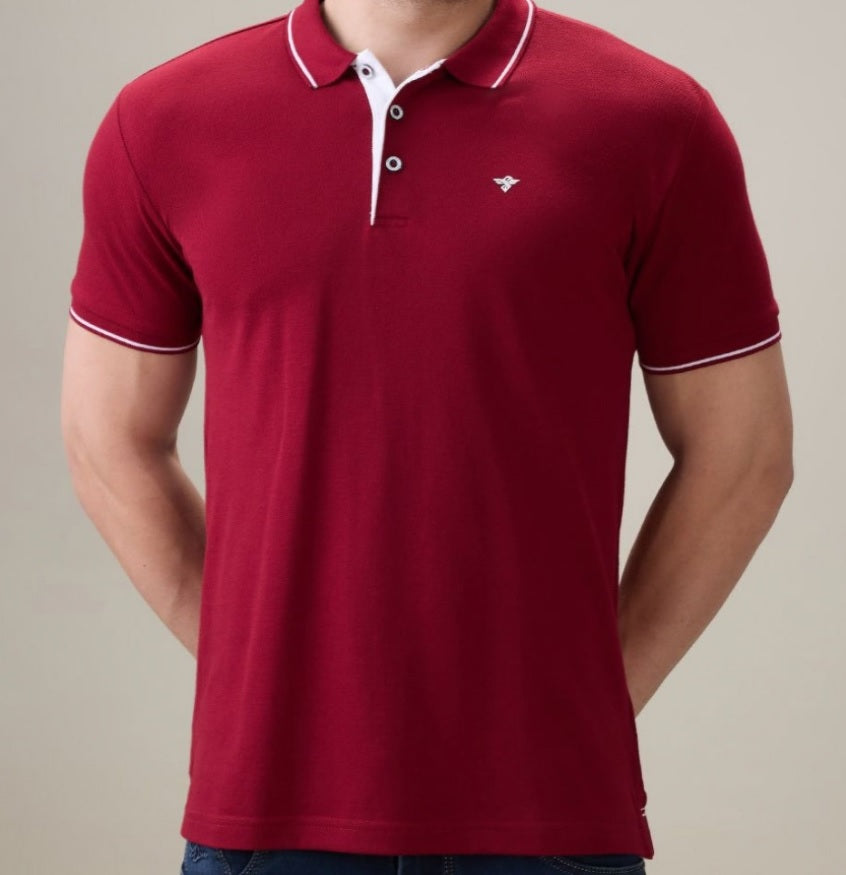 Men's Premium Tipped Cherry Red Polo T-Shirt – Smart Casual Knitted Collared Tee