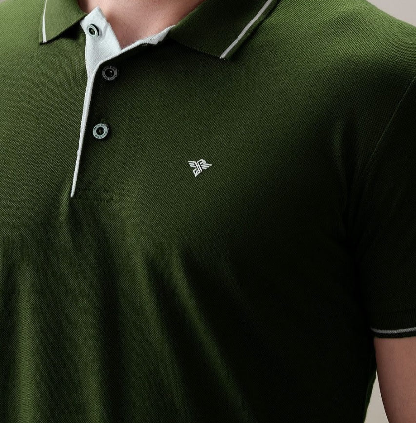 Men's Premium Tipped Olive Green Polo T-Shirt – Smart Casual Knitted Collared Tee