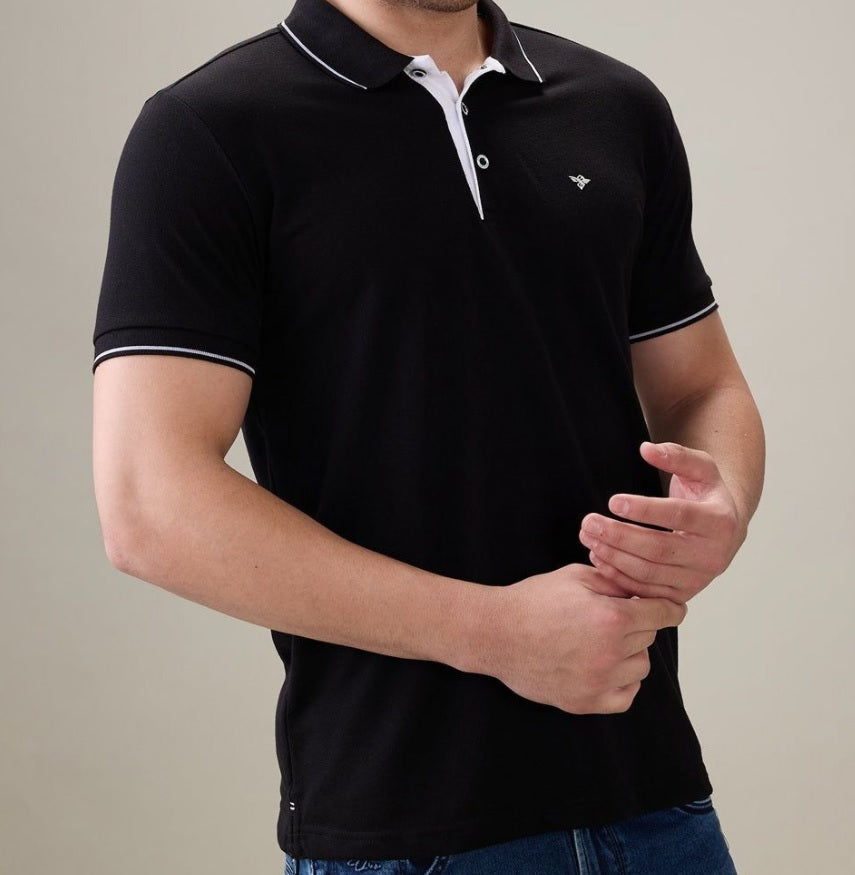 Men's Premium Tipped Black Polo T-Shirt – Smart Casual Knitted Collared Tee