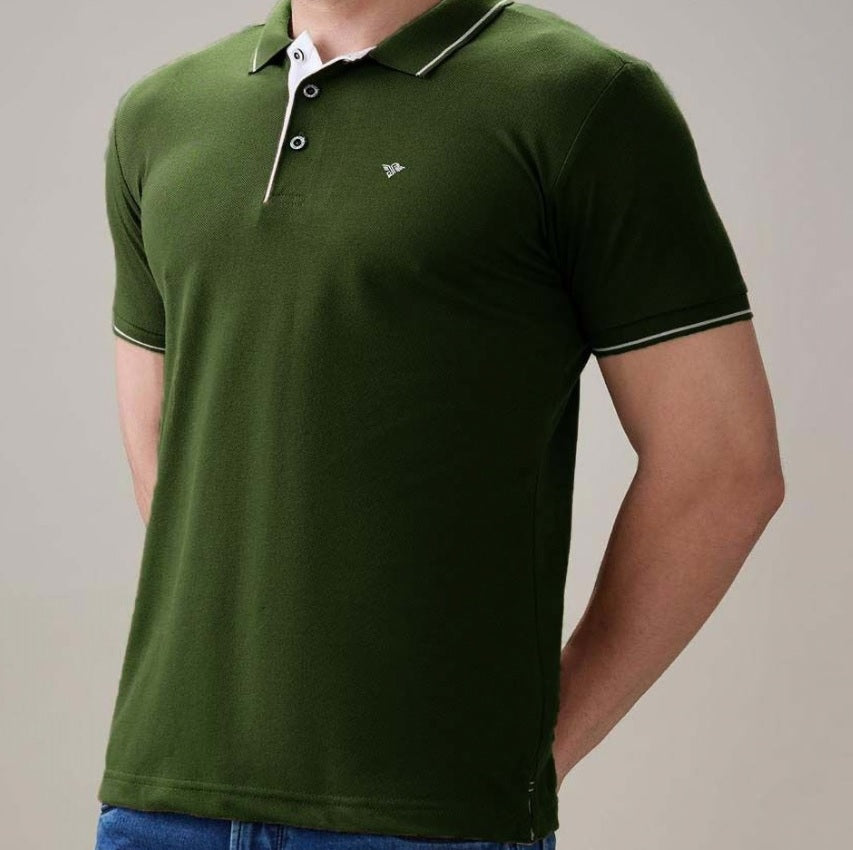 Men's Premium Tipped Olive Green Polo T-Shirt – Smart Casual Knitted Collared Tee