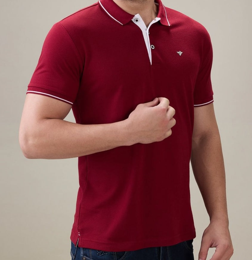 Men's Premium Tipped Cherry Red Polo T-Shirt – Smart Casual Knitted Collared Tee