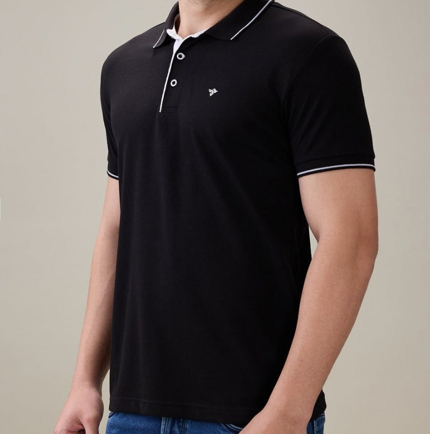 Men's Premium Tipped Black Polo T-Shirt – Smart Casual Knitted Collared Tee