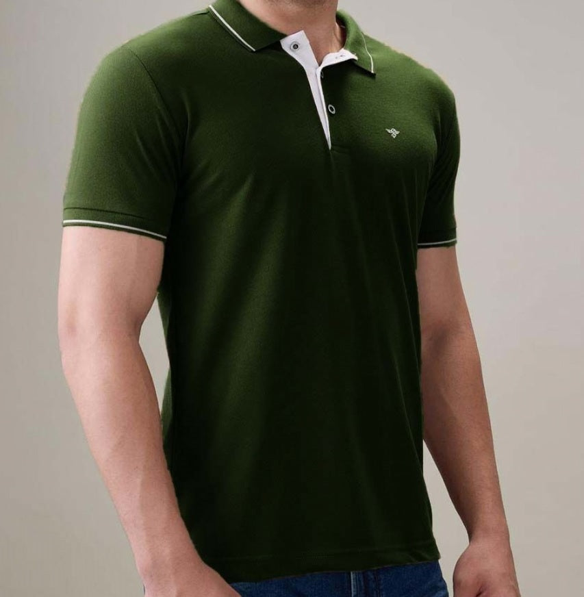 Men's Premium Tipped Olive Green Polo T-Shirt – Smart Casual Knitted Collared Tee