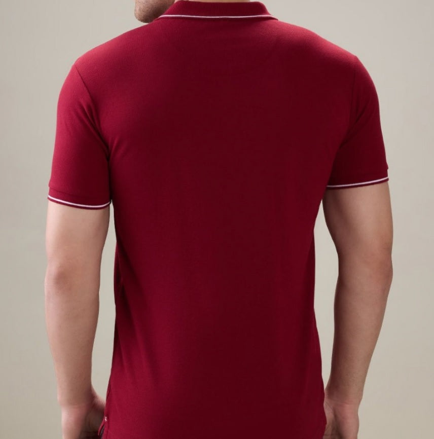 Men's Premium Tipped Cherry Red Polo T-Shirt – Smart Casual Knitted Collared Tee