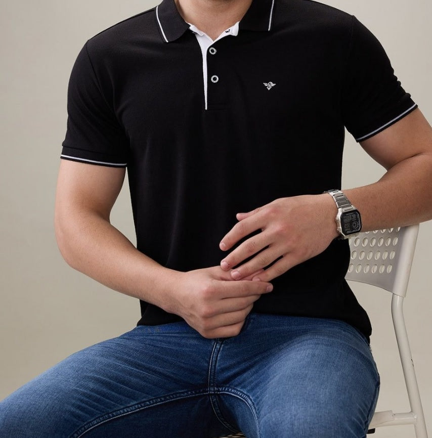 Men's Premium Tipped Black Polo T-Shirt – Smart Casual Knitted Collared Tee