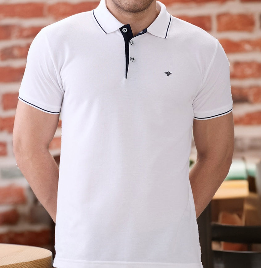 Men's Premium Tipped White Polo T-Shirt – Smart Casual Knitted Collared Tee