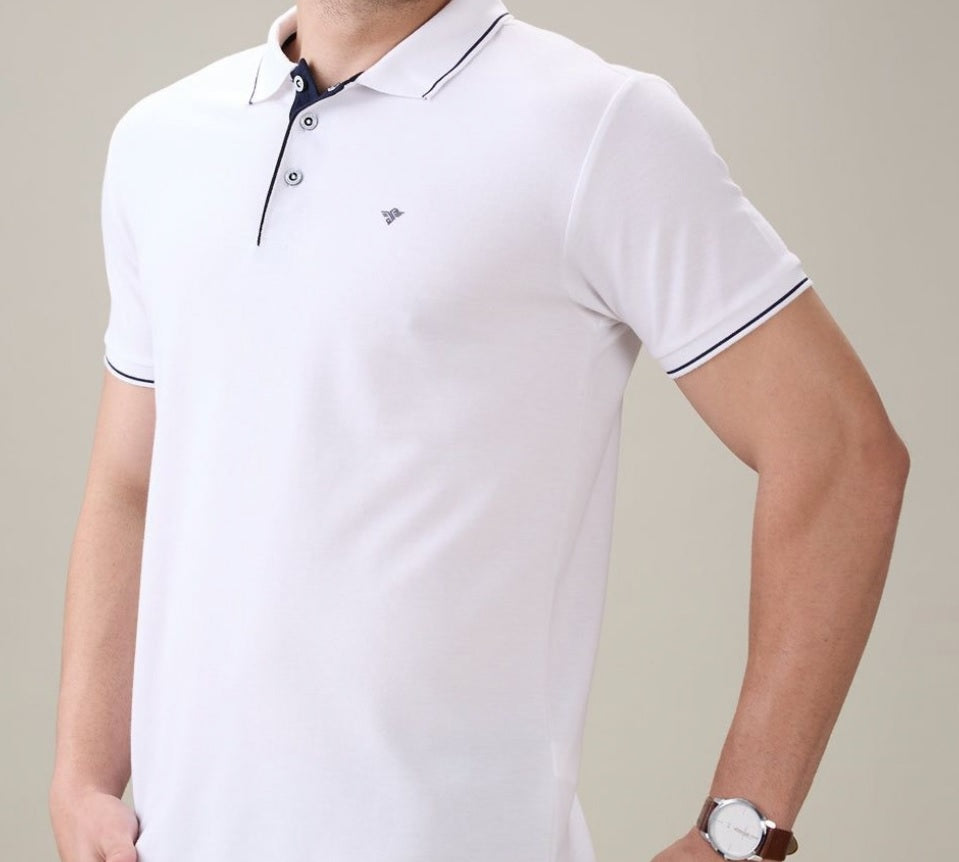 Men's Premium Tipped White Polo T-Shirt – Smart Casual Knitted Collared Tee
