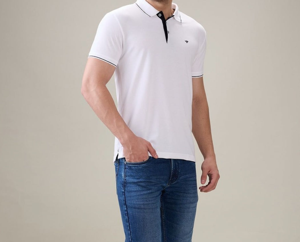 Men's Premium Tipped White Polo T-Shirt – Smart Casual Knitted Collared Tee