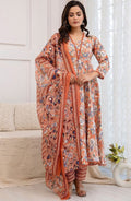 Peach Floral Cotton Anarkali Suit Set with Silk Chiffon Dupatta
