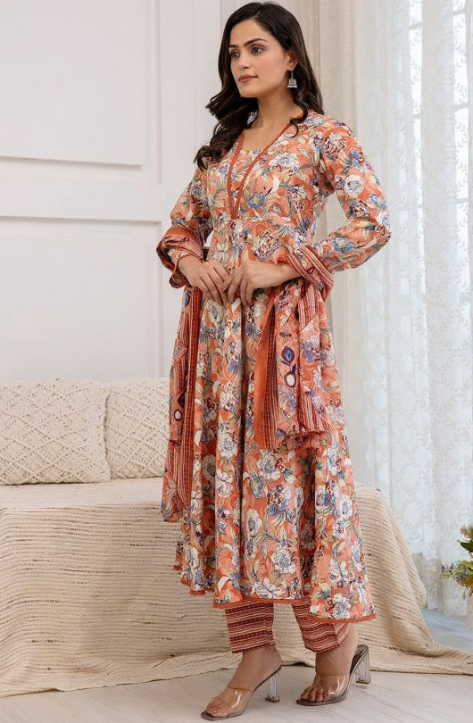 Peach Floral Cotton Anarkali Suit Set with Silk Chiffon Dupatta
