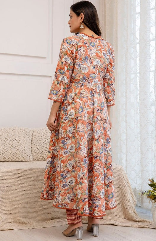 Peach Floral Cotton Anarkali Suit Set with Silk Chiffon Dupatta
